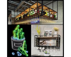 Wandgemonteerd wijnrek met wijnglashouder – industrieel metalen wijnflessenhouder voor 9 flessen – 100 x 55 x 30 cm – muur bar plank voor keuken, woonkamer, wijnkelder & restaurant – zwart ijzer – HomebyNicole