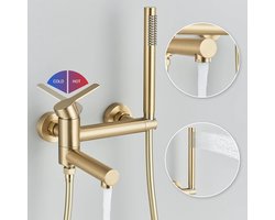 Wandgemonteerde badkraan met waterval en handdouche Geborsteld goud 2 hendels Wandgemonteerde badkraan met doucheomschakelaar Massief messing Moderne watervaluitloop Brede badvuller