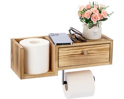 Wandgemonteerde houten toiletrolhouder met plank en lade - badkamer toiletpapierrolhouder met opbergdoos, doorspoelbare doekjes dispenser opberghouder organizer, lichte kleur