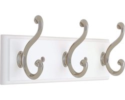 Wandgemonteerde kapstok met 3 decoratieve haken in Satijn Nikkel en Wit
