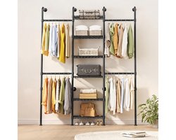 Wandgemonteerde kledingkast met buizen, 6 verstelbare legplanken | Matzwart koolstofstaal, draagvermogen 340kg, kantelbeveiliging, verstelbare robuuste ophangstangen, eenvoudig zelf te monteren 180x25x224cm