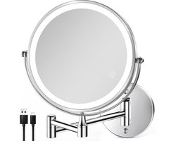 Wandgemonteerde Make-Upspiegel - 1x En 10x Vergroting - USB-Oplaadbaar - Aanraakschakelaar - Make up Spiegel Met Verlichting - ø23 Cm - Uitschuifbare En Opvouwbare Scheerspiegel - Badkamerspiegel - Dimbare Make-Upspiegel - Scheerspiegel - Zilver
