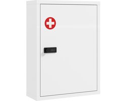 Wandgemonteerde medicijnkast, badkamerkast met cijferslot, deur en opbergplanken, wit