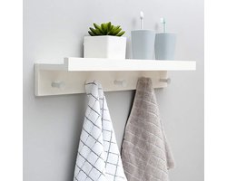 Wandgemonteerde plank en haak bamboe kapstok rek - zwevende planken voor opslag - hal badkamer woonkamer slaapkamer - wit - 611 x 12 x 8 cm Kapstok