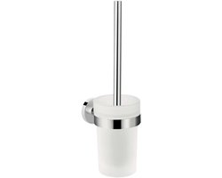 Wandgemonteerde toiletborstel met houder, chroom, rond design, glazen inzetstuk, 35,5 cm hoog
