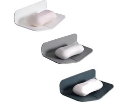 Wandgemonteerde zeepbakjes, 3-delige set, boren niet nodig, zelfafvoerende rubberen zeephouders, V-vormig zeepbakje, geschikt voor badkamers en keukens.