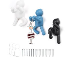 Wandhaak Set - Grappige Mensvormige Kapstok Haken - 3 Stuks - Zwart, Wit, Blauw - Voor Jassen, Tassen, Sleutels - ABS Kunststof - Voor Kinderkamer en Thuisgebruik