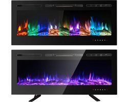 Wandhaard - Elektrische open haard Touchscreen Glas Panel Kleurrijke Vlam Insert Wandmontage Heater Afstandsbediening met Crystal & Log Set, 900/1800W (102 cm, zwart)