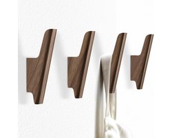 Wandhaken - Wandhaken hout - Set van 4 kapstokhaken van natuurlijk walnoothout - Voor het ophangen van hoeden - Rugzakken - Tassen - Jassen - Portemonnees en handdoeken - Decoratieve - Stevige houten wandhaken - Bruin