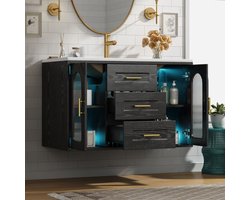 Wandhangend badkamermeubel met wastafel - 76 cm - Zwart met houtnerf - Geribbelde glazen deuren - LED-verlichting via app - Verstelbare planken & lades - Soft-close - Zonder kraan