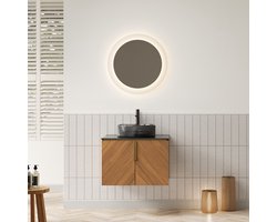 Wandhangend badkamermeubel met wastafel - Ruimtebesparend design - 61 cm - Zwart & Bruin eiken - Transparant zwart glazen waskom - Sinterstenen werkblad - Soft-close deuren met diagonaal reliëf - Gouden grepen