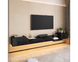 Wandhangend Tv Meubel - Hoogglans Afwerking Met App Bedienbare Meerkleurige Verlichting - Gesloten Opbergruimte Voor Woonkamer - Zwart - 245x30x26 Cm