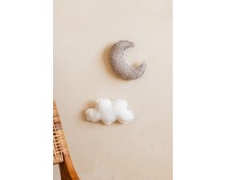 Wandhanger Set Wolk en Maan – Linnen & Bouclé Taupe – Babykamer Decoratie – Handgemaakt – Muurdecoratie Kinderen
