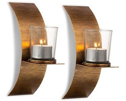 Wandkandelaar set goud brons – 2 stuks metalen kaarsenhouder met glas voor theelicht, vintage wanddecoratie voor woonkamer, slaapkamer, open haard