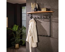 Wandkapstok 16-Haaks River Acaciahout - Met Hoedenplank