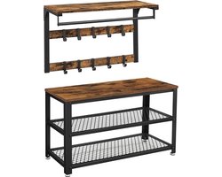 Wandkapstok - Gaderobe set - Bankje met wandstok - Met haken - 2 planken - Bruin zwart