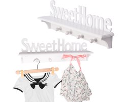Wandkapstok hout - Sweet Home - 4 ophang haken & Legplank - Wandrek Kapstok voor Muur of Wand - Garderoberek - Wit