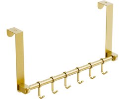 Wandkapstok - Kapstok - Kapstok zonder gaten -Hangende kapstok voor achter de deur met 6 roestvrijstalen haken - Geschikt voor handdoeken en hoeden - 40.2 × 20.3 × 4.7 cm - Geschikt voor badkamers, slaapkamers en studentenkamers - Goud