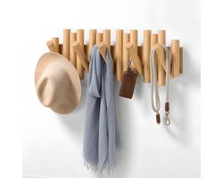 Wandkapstok - Kapstok - van massief Europees beukenhout - 5 inklapbare haken - Picket rail kapstok voor hal, slaapkamer en entree - 37 x 16 cm - Piano kapstok - Kapstok Muur - Naturel