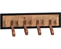 wandkapstok Mango massief hout / echt leer 60x15x6 cm | Hakenlijst voor jassen, sjaals en mutsen | Halkapstok met metalen frame | Houten wandkast met lussen
