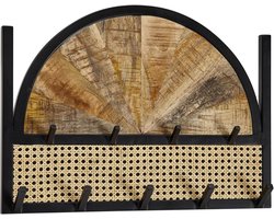 Wandkapstok massief mangohout met rotan en metalen haken - 53x40x7,5 cm - handgemaakt unicum