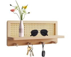 Wandkapstok met Legplank - Wandrek Haken - Opbergen en Decoreren - Rotan Design - 39.8 x 17 x 9.9 cm