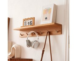 Wandkapstok met Plank 50 cm Halkapstok - Kapstok met 5 Haken - Houten Wandplank - Zwevende Plank - Massief Eiken - Voor Slaapkamers Woonkamers - Keukens Jassen Tassen Gangen kapstok hangend met plank