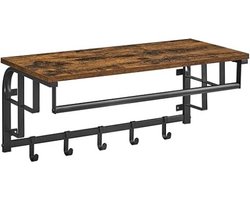 Wandkapstok met Plank en 5 Afneembare Haken – Wandplank met Ophangstang – Vintage Wandrek voor Hal, Badkamer, Slaapkamer of Woonkamer – LCR12BX