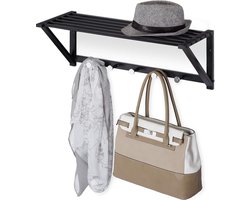 Wandkapstok met plank en 5 haken voor hal & badkamer - Modern design - Metaal - HBD 23 x 65 x 25 cm - Zwart Kapstok