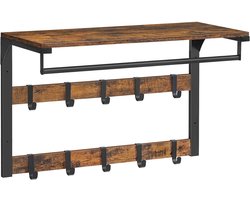 Wandkapstok met Plank – Kapstok met Hoedenplank, Kledingstang & 10 Verschuifbare Haken – Muurkapstok Hangend voor Hal en Slaapkamer – Industrieel Hout en Staal – 65 x 30 x 42 cm – Vintage Bruin & Zwart – Monza Home®