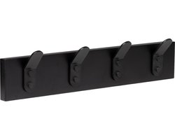 Wandkapstok wand zwart - 4 haken - zwart metalen haakjes – schuin met afgeronde hoeken - 40 cm x 7 cm x D 5 cm