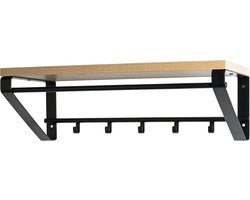 Wandkapstok – Zwart rondstaal – Houten hoedenplank – 75x30x23 cm – 5 haken – Robuust design