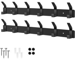 Wandkapstokhaken – Set van 2 wandrekken – 6 haken per rek – Roestbestendig – Geschikt voor het ophangen van jassen, tassen, hoeden en sjaals – Wandrek voor slaap- of badkamer – 54,5 x 7 x 3,1 cm