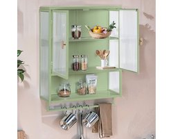 Wandkast - 60 cm - Glazen Deuren met Open Vak en Handdoekrek - Hout en Glas - Groen