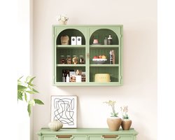 Wandkast - 70 cm groen - geweven patroon & 3 opbergniveaus - ijzer + gehard glas - muurmontage