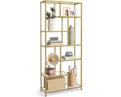 Wandkast - Boekenrek - Decoratie kast - Plankenstandaard - Woonkamer meubel - Winkeldecoratie - Badkamer - Keuken - Open vakken kast - Kantoorkast - 6 planken - Gehard glas - Goudkleurig - 30x80x180 cm