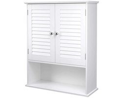 Wandkast Hangende badkamerkast 60x20x70cm wit houten ontwerp met dubbele lameldeuren verstelbare legplanken en open vak modern minimalistisch stijl voor badkamer woonkamer hal