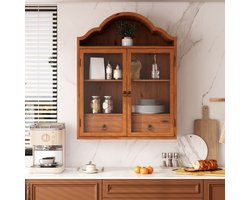 Wandkast – Verstelbare Planken – 60 x 22 x 76,5 cm – Hout en Gehard Glas – Bruin – Wandmontage – Met Lades