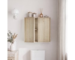 Wandkast Voor Badkamer - Grifloos Dubbedeurs Design Met Veel Opbergruimte - Voor Badkamer, Toilet En Hal - Eiken Look - 60x21,6x58 Cm