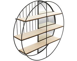 Wandkastje met spiegel - zwart - metaal - rond ontwerp - 3 plankjes - 58 x 39 cm - wandplanken