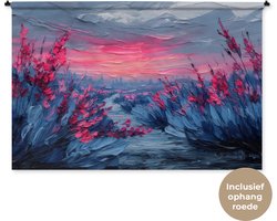 Wandkleed 180x120 cm - Wanddoek Schilderij - Zonsondergang - Bloemen - Rivier - Wandtapijt - Wandkleden