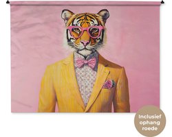 Wandkleed 180x135 cm - Wanddoek Tijger - Bril - Geel - Jasje - Wandtapijt - Wandkleden