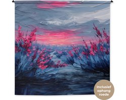 Wandkleed 180x180 cm - Wanddoek Schilderij - Zonsondergang - Bloemen - Rivier - Wandtapijt - Wandkleden
