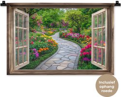 Wandkleed 60x40 cm - Wanddoek Doorkijk - Bloemen - Tuinpad - Natuur - Raam - Wandtapijt - Wandkleden