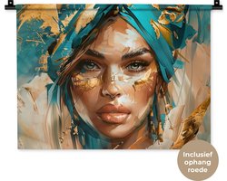 Wandkleed 60x45 cm - Wanddoek Vrouw - Portret - Goud - Luxe - Blauw - Wandtapijt - Wandkleden