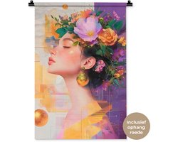Wandkleed 60x90 cm - Wanddoek Abstract - Vrouw - Bloemenkroon - Goud - Wandtapijt - Wandkleden