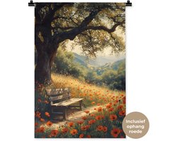 Wandkleed 60x90 cm - Wanddoek Bankje - Boom - Klaprozen - Heuvels - Wandtapijt - Wandkleden