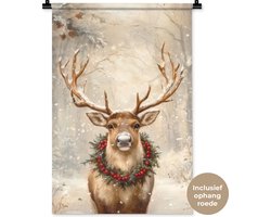 Wandkleed 60x90 cm - Wanddoek Kerst - Rendier - Winter - Krans - Wandtapijt - Wandkleden - Kerstdecoratie voor binnen - Kerstversiering woonkamer decoratie - Kerstmis versiering in huis - Christmas decorations - Kerstaccessoires