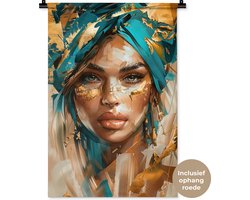 Wandkleed 60x90 cm - Wanddoek Vrouw - Portret - Goud - Luxe - Blauw - Wandtapijt - Wandkleden