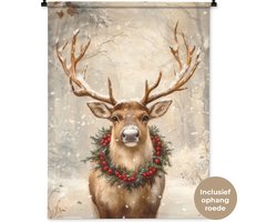 Wandkleed 90x120 cm - Wanddoek Kerst - Rendier - Winter - Krans - Wandtapijt - Wandkleden - Kerstdecoratie voor binnen - Kerstversiering woonkamer decoratie - Kerstmis versiering in huis - Christmas decorations - Kerstaccessoires